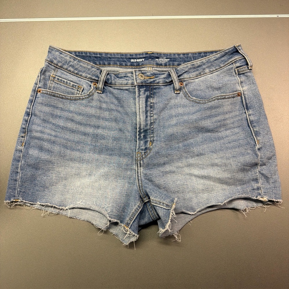 Old Navy Womens Jean Shorts 14 High Rise OG Straight Pocket Blue Denim Button Up